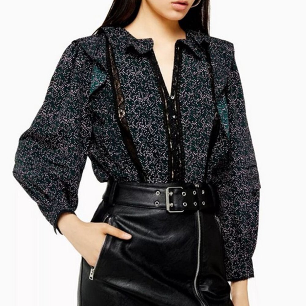 TOPSHOP Lace Inset Floral Ruffle Top - Black